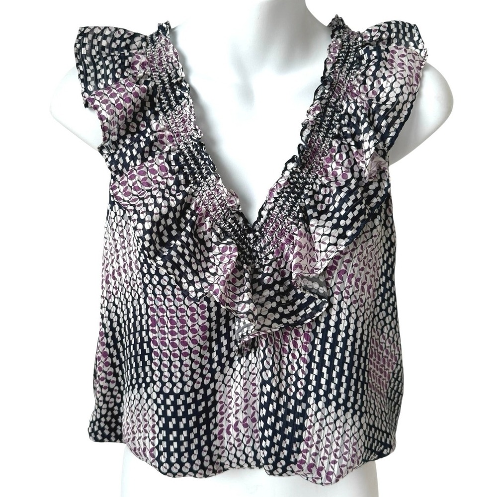 Ramy Brook Blouse Womens Size S Navy Purple Smocked Ruffle‎ V-Neck Office Chic